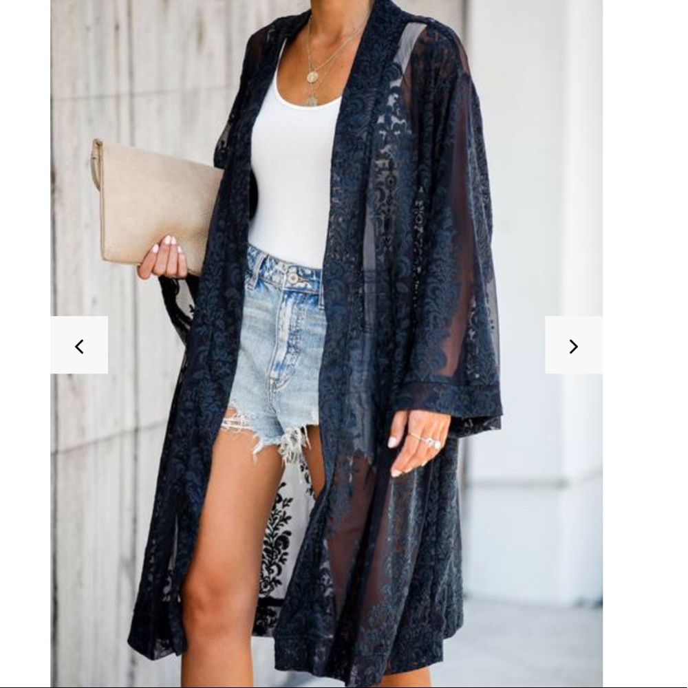 Navy blue lace embroidered kimono
